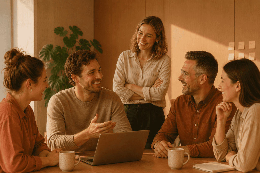 Three colleagues laughing as they talk over a laptop