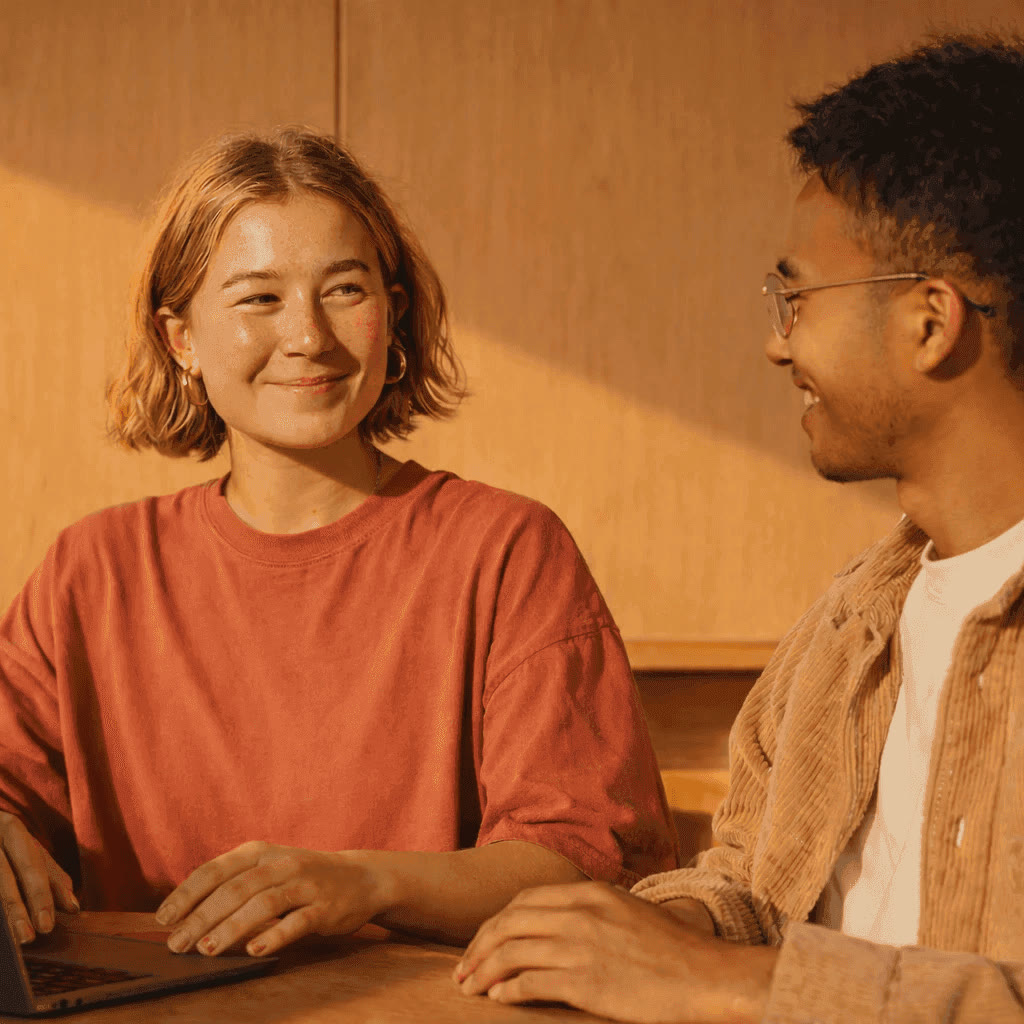 Two colleagues talking at a laptop
