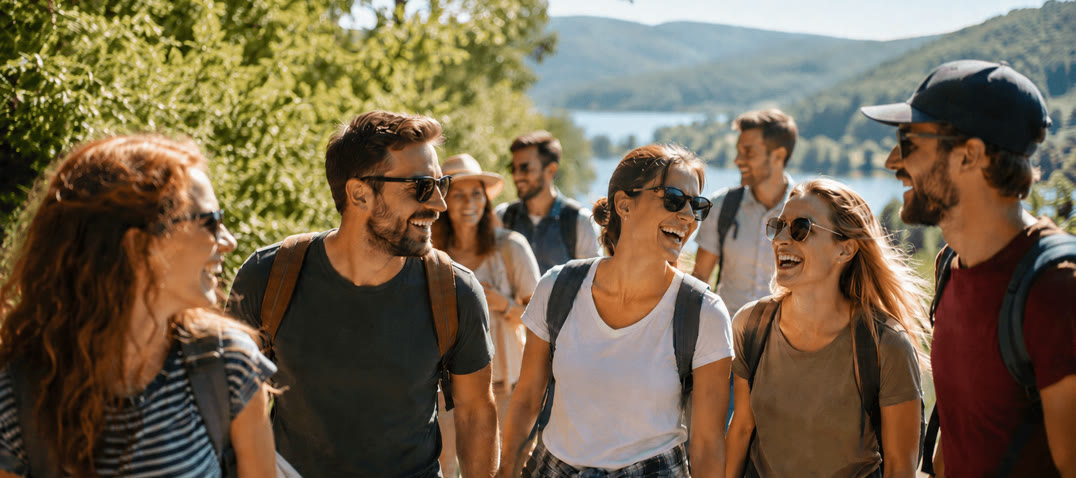 A group hiking and laughing by a lake