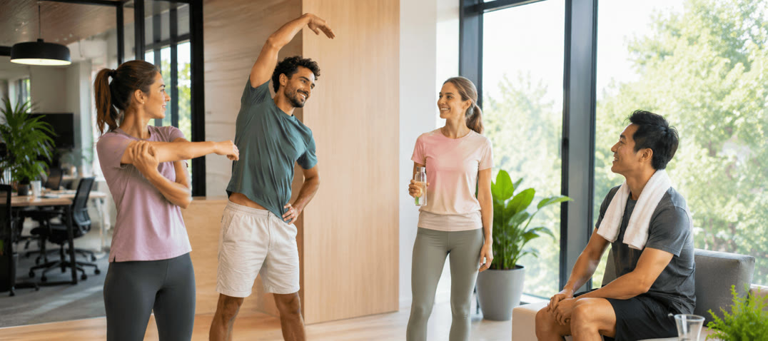 Colleagues stretching together in the office