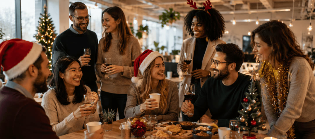 A team celebrating in the office wearing Santa hats