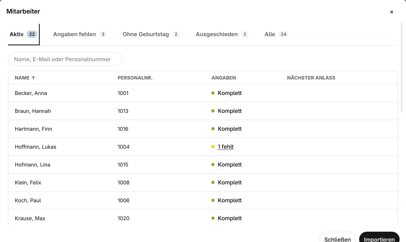 Employee list in the application with data status and import